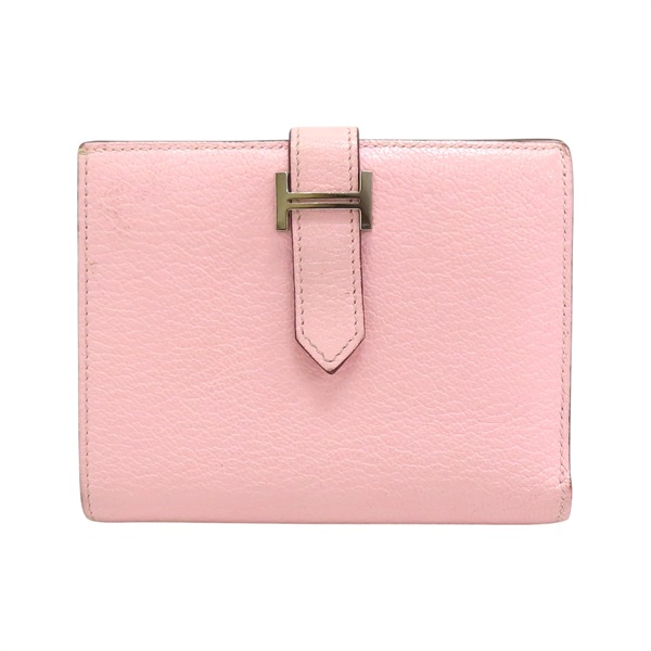 粉色 Chevre山羊皮 Bearn 兩折短夾 U刻 銀扣【HERMES 愛馬仕】