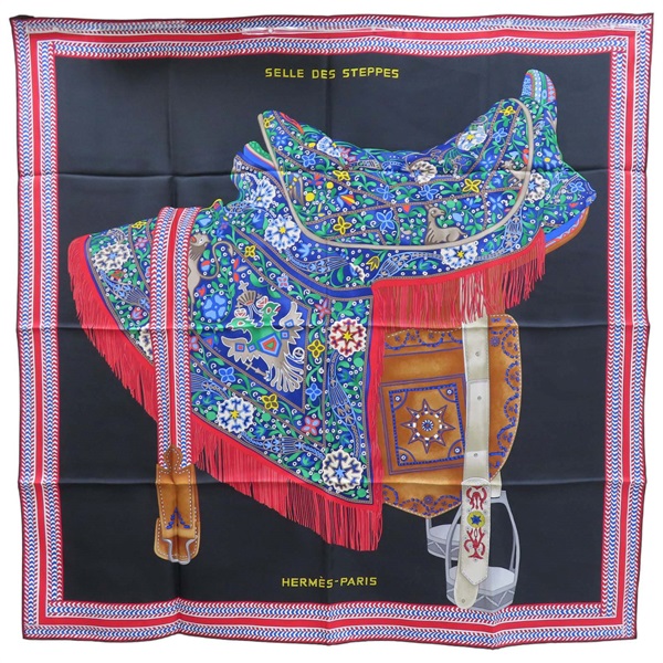 黑色 Selle des Steppes 絲綢 絲巾 90*90【HERMES 愛馬仕】