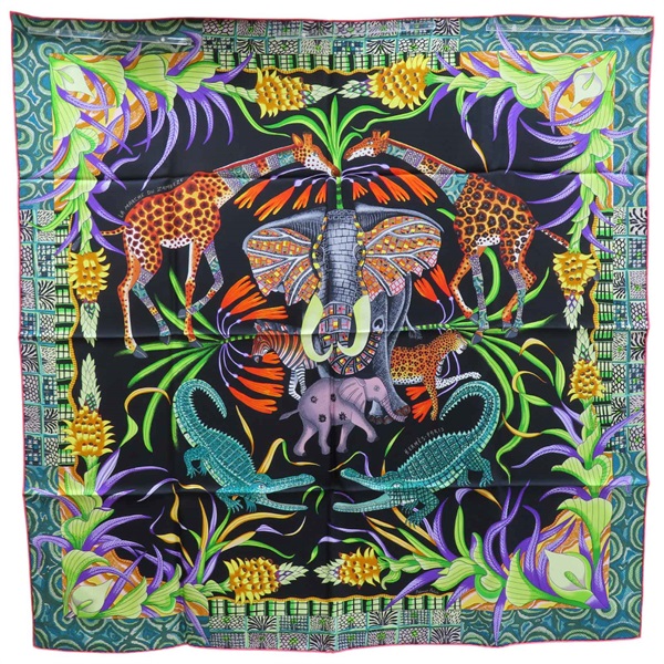 黑色 La Marche du Zambeze 絲綢 絲巾 90*90【HERMES 愛馬仕】