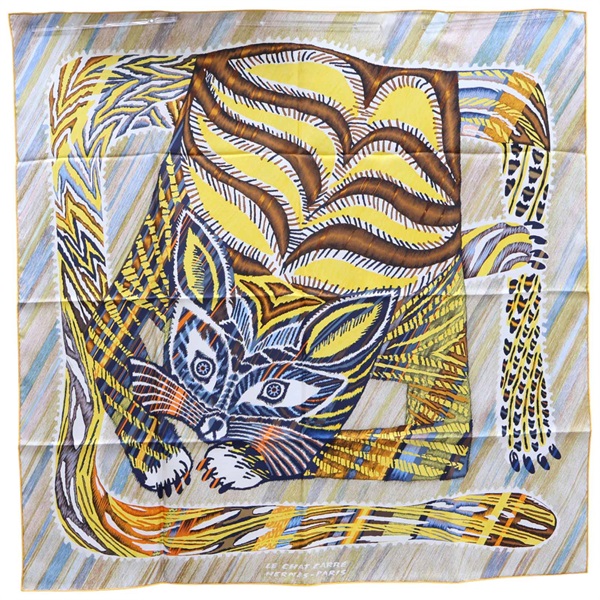 黃色 Le Chat Carre 絲綢 絲巾 90*90【HERMES 愛馬仕】