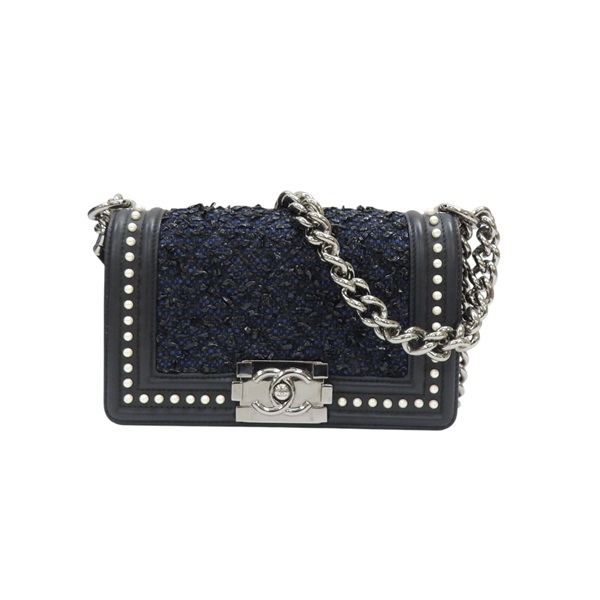 黑色牛皮 藍色毛呢編織 BOY 20 肩背包 銀扣 無卡【CHANEL 香奈兒】