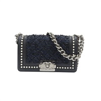 黑色牛皮 藍色毛呢編織 BOY 20 肩背包 銀扣 無卡【CHANEL 香奈兒】