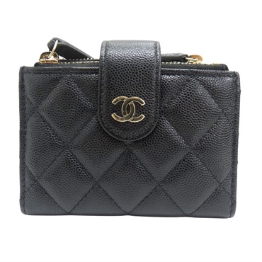 黑色 菱格紋 荔枝牛皮 扣式 卡片零錢包 金扣【CHANEL 香奈兒】