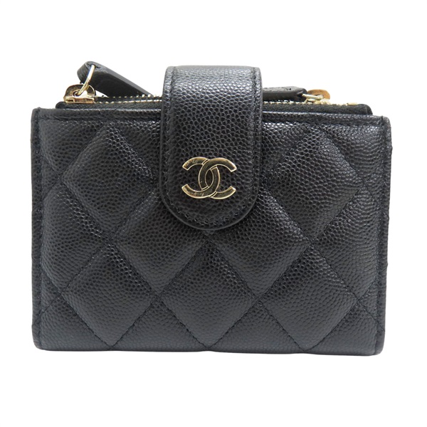 黑色 菱格紋 荔枝牛皮 扣式 卡片零錢包 金扣【CHANEL 香奈兒】