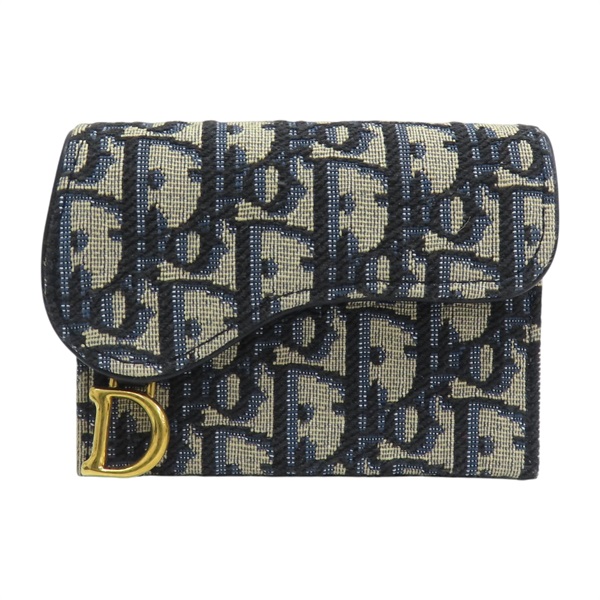 藍色 緹花帆布 扣式 Saddle 短夾 卡夾 名片夾【Dior 迪奧】