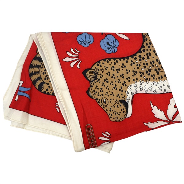 紅色 喀什米爾 真絲 Les Leopards 方巾【HERMES 愛馬仕】