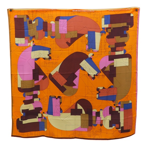 橘色 真絲 喀什米爾 Echec au Roi 方巾【HERMES 愛馬仕】