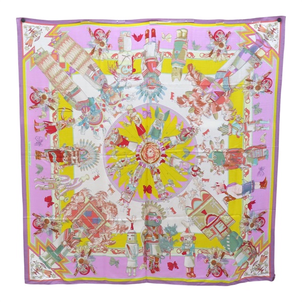 粉色 真絲 喀什米爾 Kachinas 方巾【HERMES 愛馬仕】