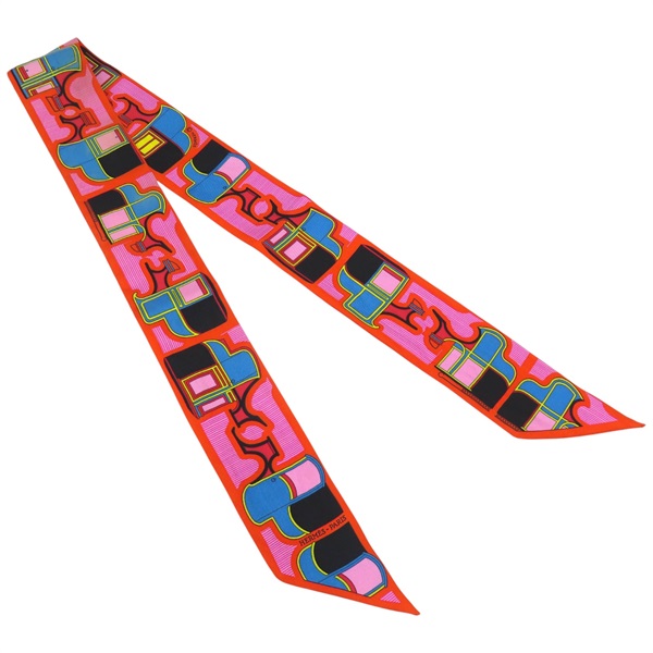 橘/粉色 絲綢 Twilly 絲巾【HERMES 愛馬仕】