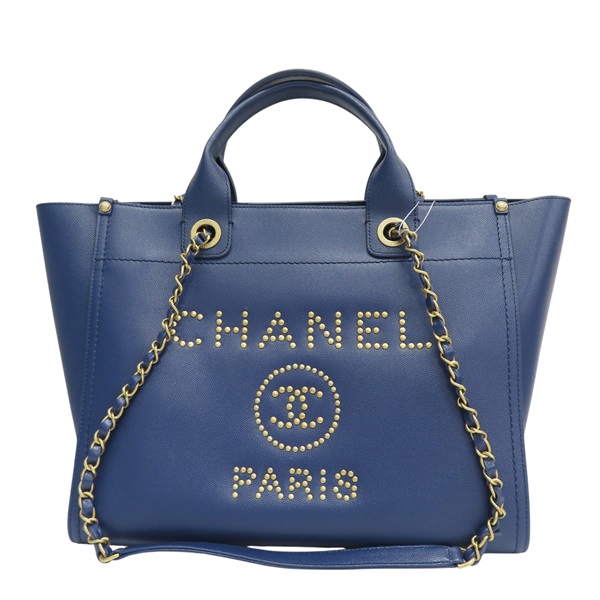藍色 牛皮 Deauville 鉚釘 兩用包 金釦 無卡【CHANEL 香奈兒】 A57069