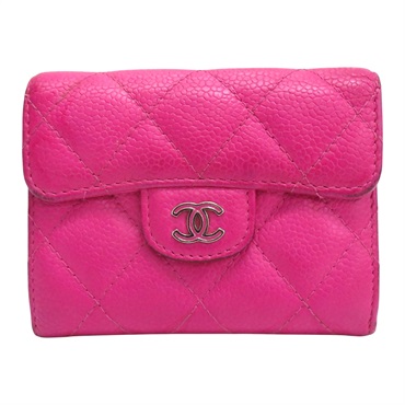 桃紅色 菱格紋牛皮 銀扣 扣式短夾【CHANEL 香奈兒】