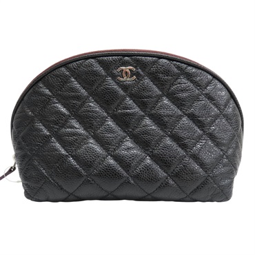 黑色 牛皮 拉鍊 化妝包 銀釦【CHANEL 香奈兒】 A69255