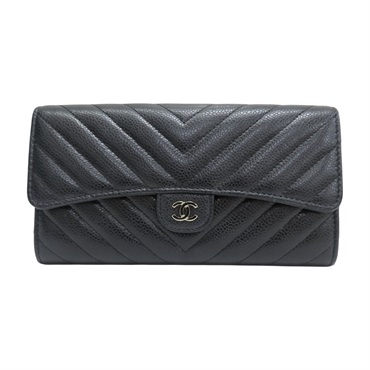 黑色 山型紋牛皮 V stitch 扣式長夾【CHANEL 香奈兒】 A80758