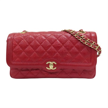 紅色 荔枝紋 牛皮 鏈帶 肩背包【CHANEL 香奈兒】