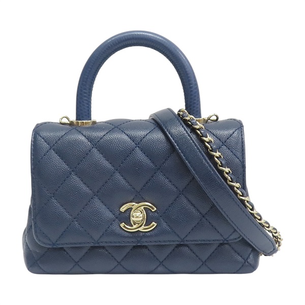 深藍色 荔枝紋 牛皮 Coco Handle Mini 肩背包【CHANEL 香奈兒】 AS2215