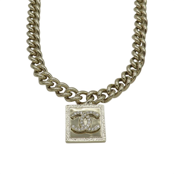金色鍍金 雙C水鑽方牌 項鍊【CHANEL 香奈兒】