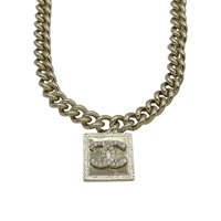 金色鍍金 雙C水鑽方牌 項鍊【CHANEL 香奈兒】