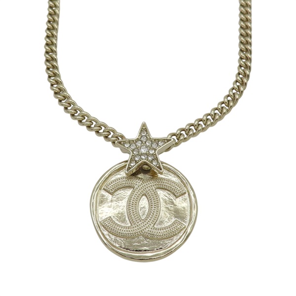 金色鍍金 雙C圓牌 星星水鑽 項鍊【CHANEL 香奈兒】