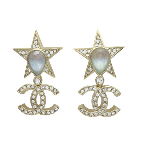 金色鍍金 星星 雙C 水滴 水鑽 耳環【CHANEL 香奈兒】