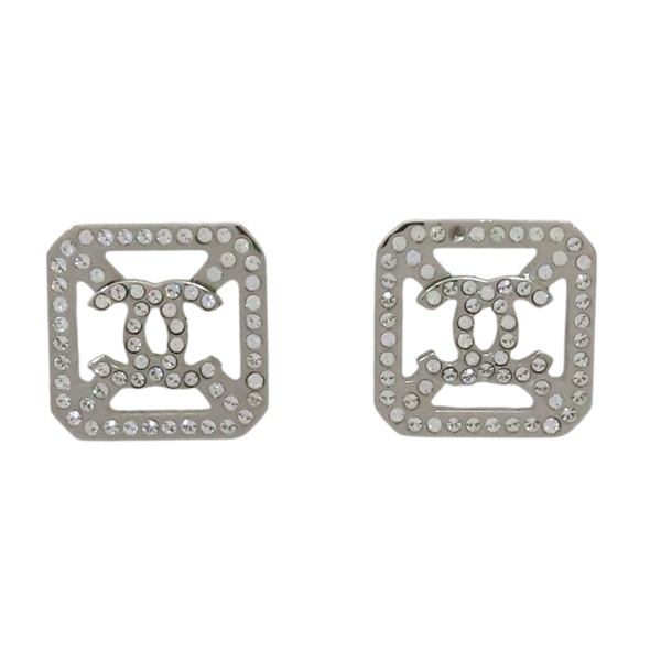 銀色金屬 雙C 方塊 縷空 水晶 耳環【CHANEL 香奈兒】