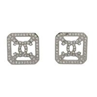 銀色金屬 雙C 方塊 縷空 水晶 耳環【CHANEL 香奈兒】