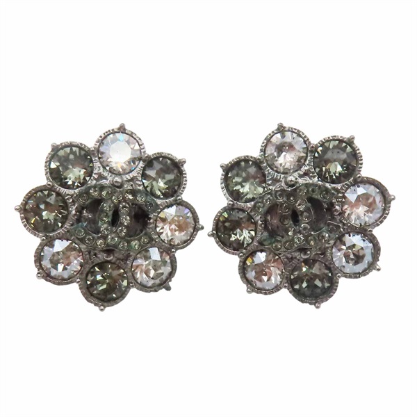 銀灰色 花朵水鑽 針式耳環【CHANEL 香奈兒】