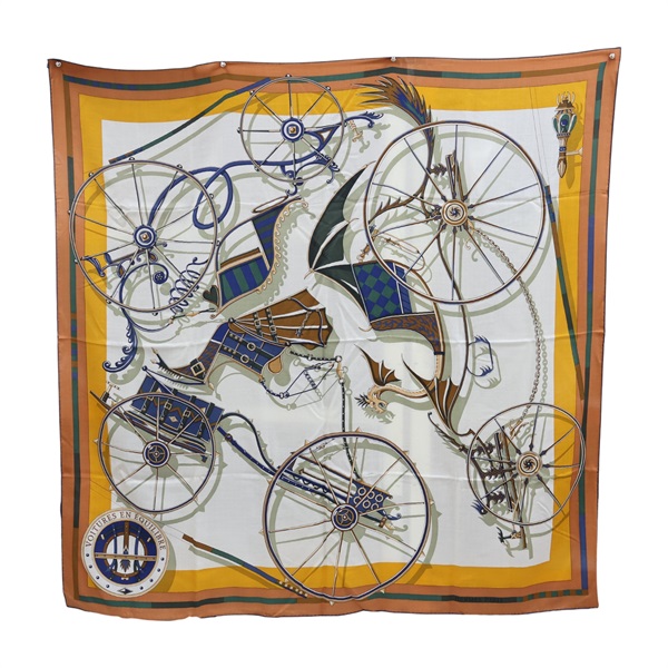 米白/棕色 喀什米爾 絲綢 Voitures en Equilibre 絲巾 圍巾140X140【HERMES 愛馬仕】