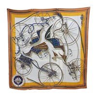 米白/棕色 喀什米爾 絲綢 Voitures en Equilibre 絲巾 圍巾140X140【HERMES 愛馬仕】