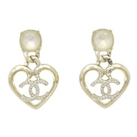 淺金色鍍金 水晶 愛心CC垂墜 針式耳環【CHANEL 香奈兒】 ABA100