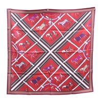 紅/藍色 絲綢 Couvertures et tenues de Jour 雙面絲巾 90*90【HERMES 愛馬仕】
