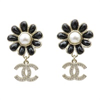 黑色 鍍金 珍珠 雛菊吊雙C水晶 耳環【CHANEL 香奈兒】