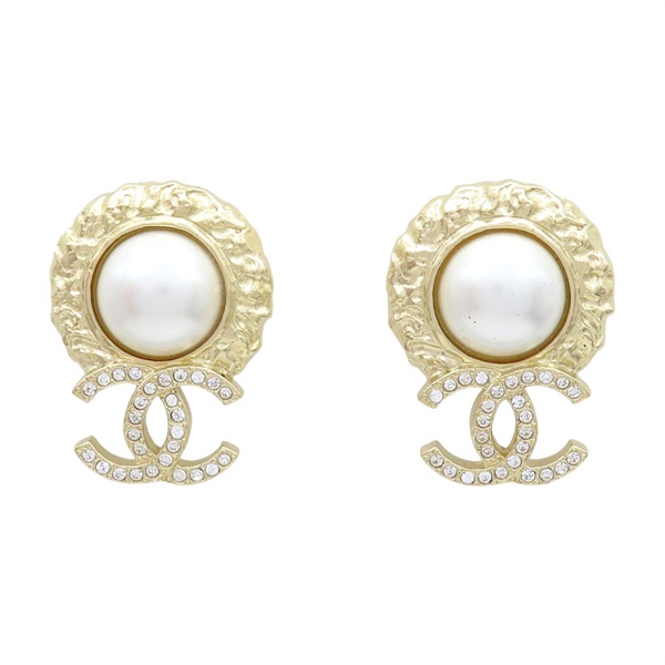 淺金色鍍金 雙C 水晶 珍珠 Earrings 耳環【CHANEL 香奈兒】 AB7748