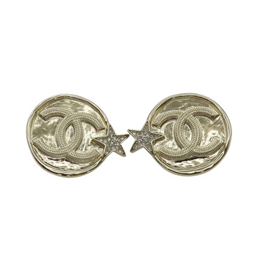 金色鍍金 雙C圓牌 星星水鑽 耳環【CHANEL 香奈兒】