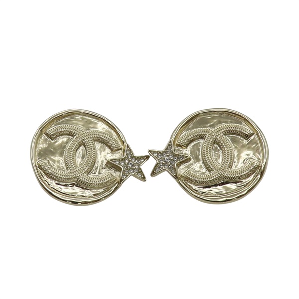 金色鍍金 雙C圓牌 星星水鑽 耳環【CHANEL 香奈兒】