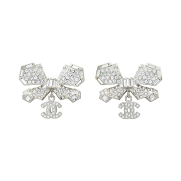 鍍銀 水鑽 蝴蝶結 耳環【CHANEL 香奈兒】 ABE201