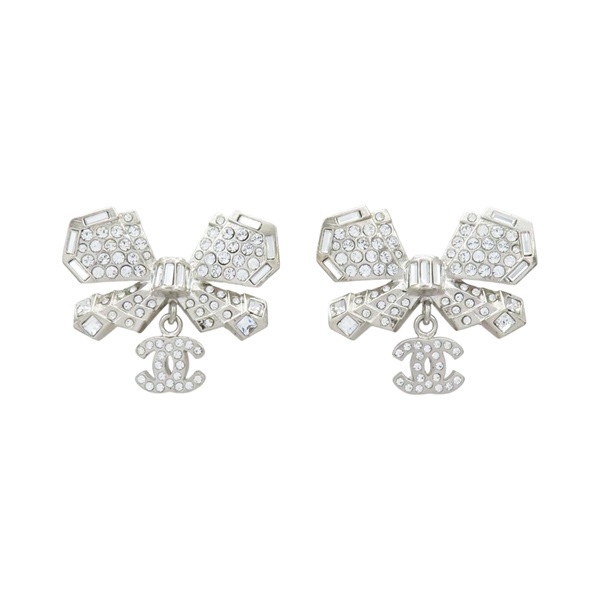 鍍銀 水鑽 蝴蝶結 耳環【CHANEL 香奈兒】 ABE201