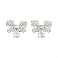 鍍銀 水鑽 蝴蝶結 耳環【CHANEL 香奈兒】 ABE201