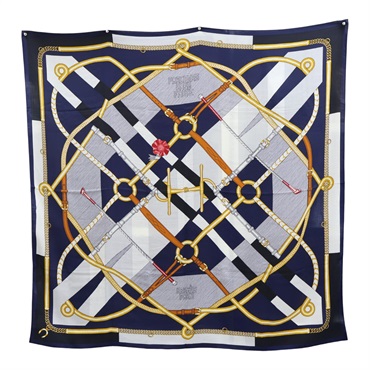 深藍/米白色 羊絨 絲綢 Parcours Sans Faute 絲巾 圍巾 140X140【HERMES 愛馬仕】