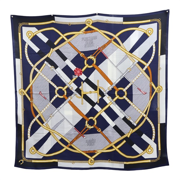 深藍/米白色 羊絨 絲綢 Parcours Sans Faute 絲巾 圍巾 140X140【HERMES 愛馬仕】