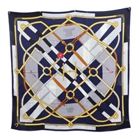 深藍/米白色 羊絨 絲綢 Parcours Sans Faute 絲巾 圍巾 140X140【HERMES 愛馬仕】