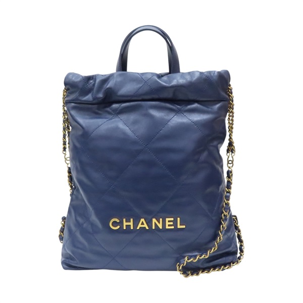 藍色 菱格紋 牛皮 22 後背包【CHANEL 香奈兒】 AS3859