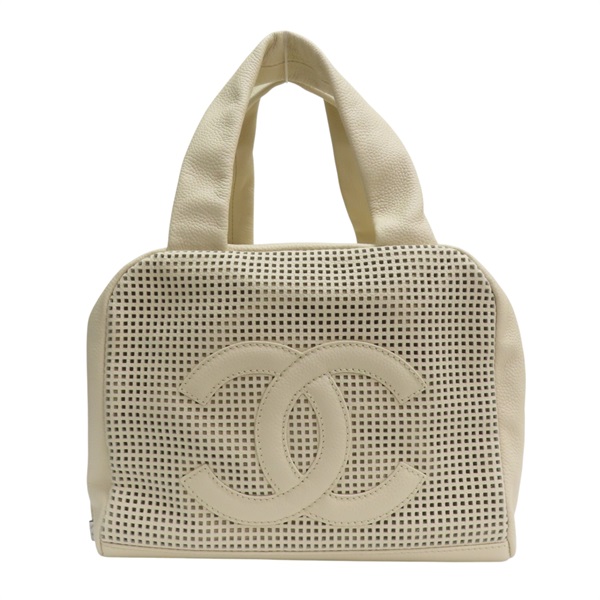 米色 縷空格紋 牛皮 手提包 銀扣 無卡【CHANEL 香奈兒】