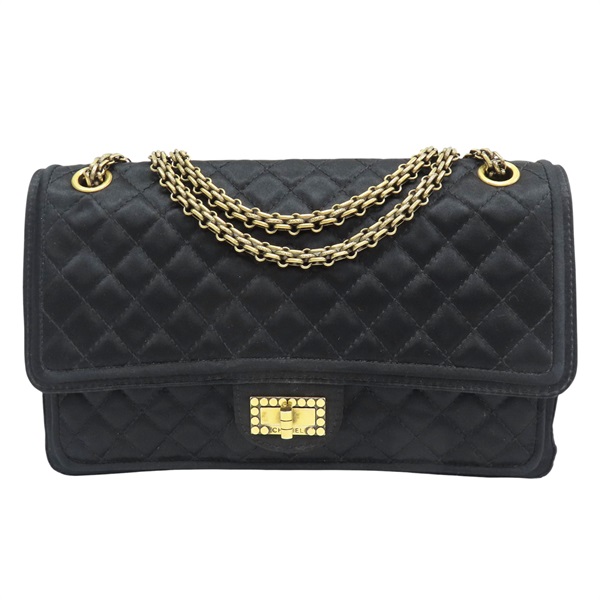 黑色 緞面布料 2.55 鏈帶肩背包 金釦 (無卡)【CHANEL 香奈兒】