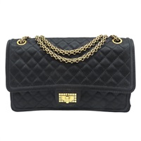 黑色 緞面布料 2.55 鏈帶肩背包 金釦 (無卡)【CHANEL 香奈兒】