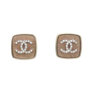 淺金/棕色 鍍金 水鑽 CC 方型 針式耳環【CHANEL 香奈兒】