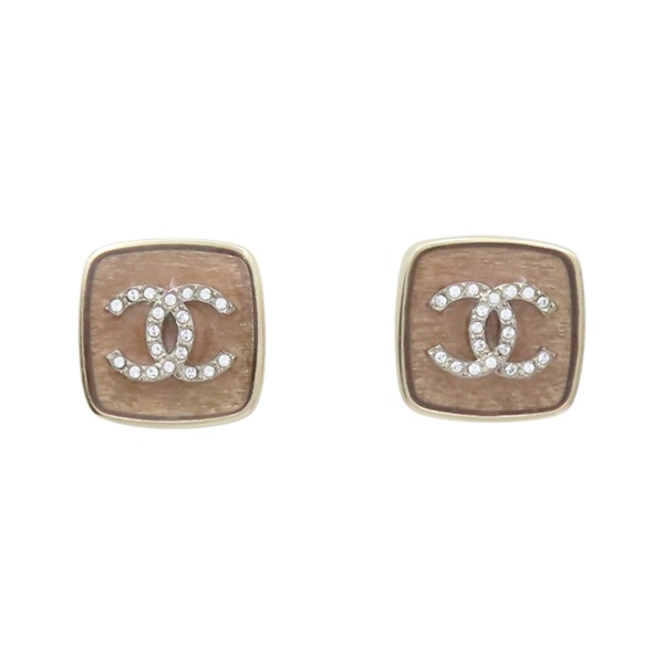 淺金/棕色 鍍金 水鑽 CC 方型 針式耳環【CHANEL 香奈兒】