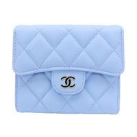 藍色 荔枝紋 牛皮 銀扣 三折短夾 【CHANEL 香奈兒】