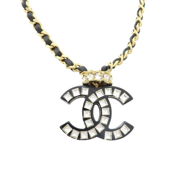 金色鍍金 黑色皮革 水鑽 雙C 項鍊【CHANEL 香奈兒】