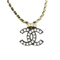金色鍍金 黑色皮革 水鑽 雙C 項鍊【CHANEL 香奈兒】