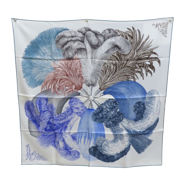 白/藍色 絲綢 方巾 90x90【HERMES 愛馬仕】 003851S